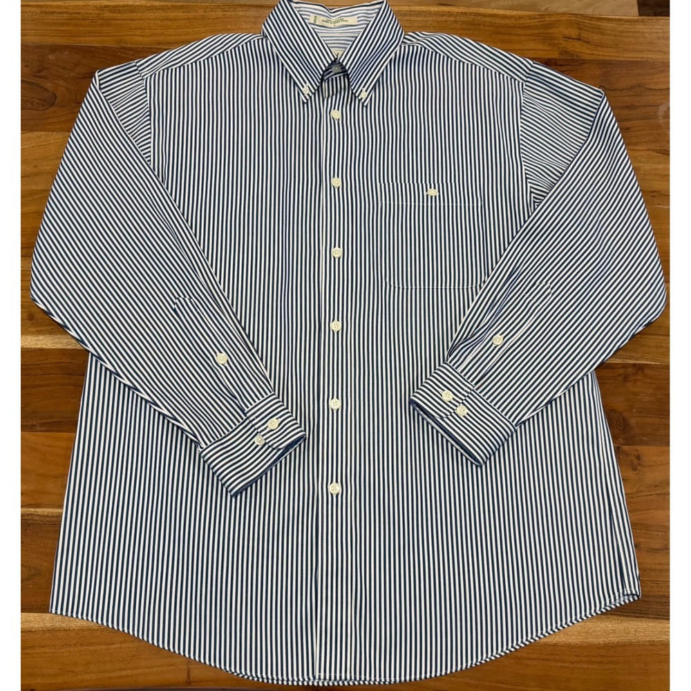 Orvis Mens Large Blue White Striped Cotton Button Down Shirt Long Sleeve Pocket